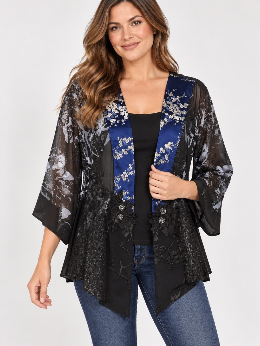 Spencer Alexis Size XL Silk Blend Art to Wear Kimono Jacket Patchwork Lace Boho